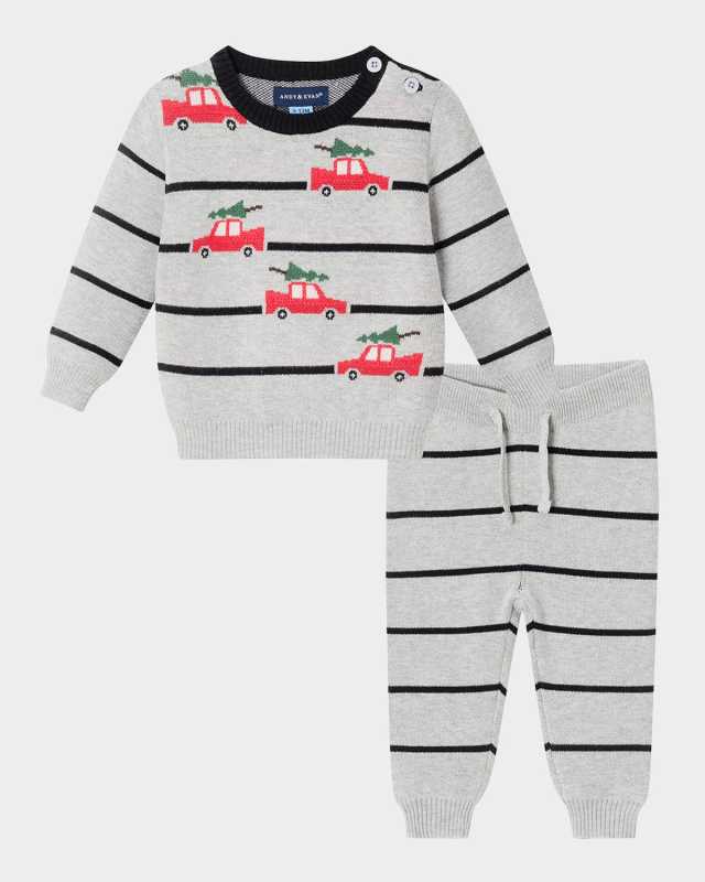 Boy's Striped Holiday Sweater W/ Twill Pants Set, Size Newborn-24
